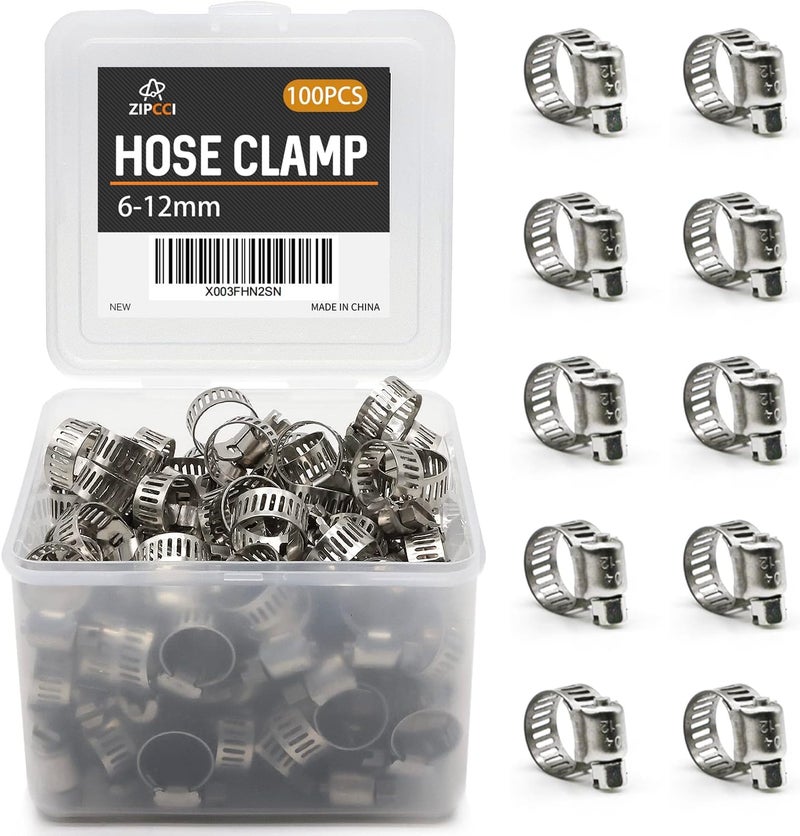 ZIPCCI Small Hose Clamp, 100 Pack Hose Clamps Stainless Steel Worm Gear Fuel Line Hose Clamps, 6-12mm (1/4-1/2 inch) - Image 1